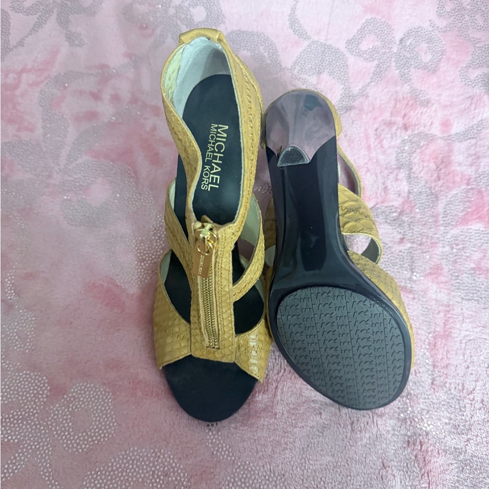 Michael Kors Tan Snake-Embossed Zip Front High Heel Sandals - Picture 2 of 2